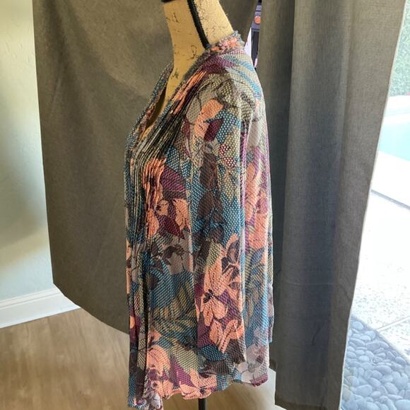 Floral silky Blouse kimono jacket pleat open front button vneck pink blue cardi - Picture 12 of 14